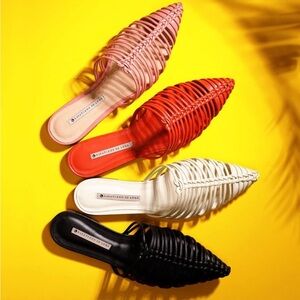 Braided leather pointed toe flat slip on mules